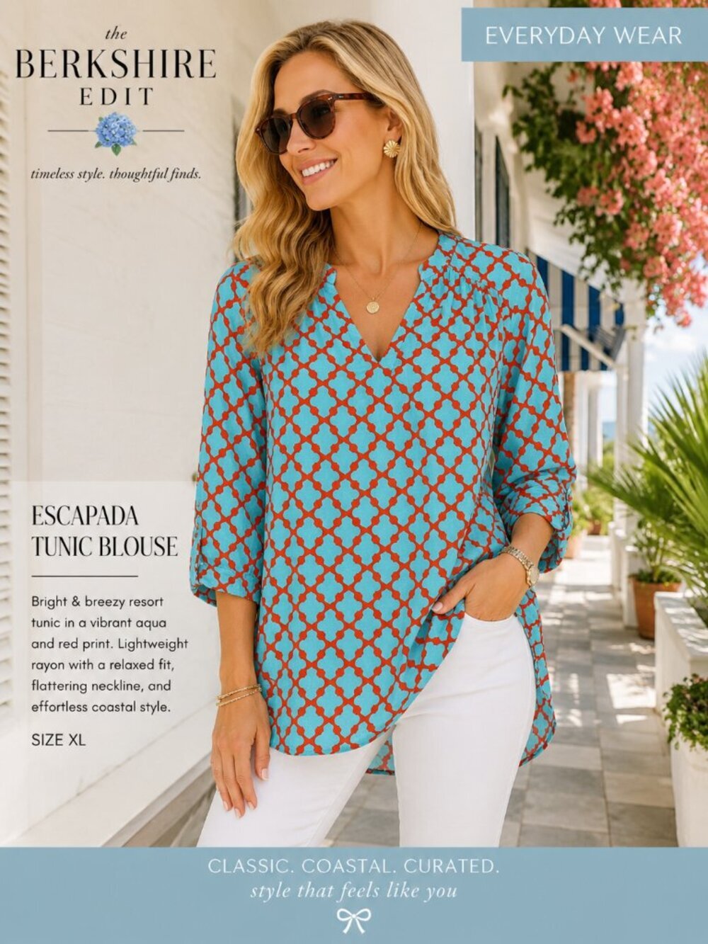 Escapada Aqua Red Moroccan Tile Print Rayon Tunic Blouse XL Resort